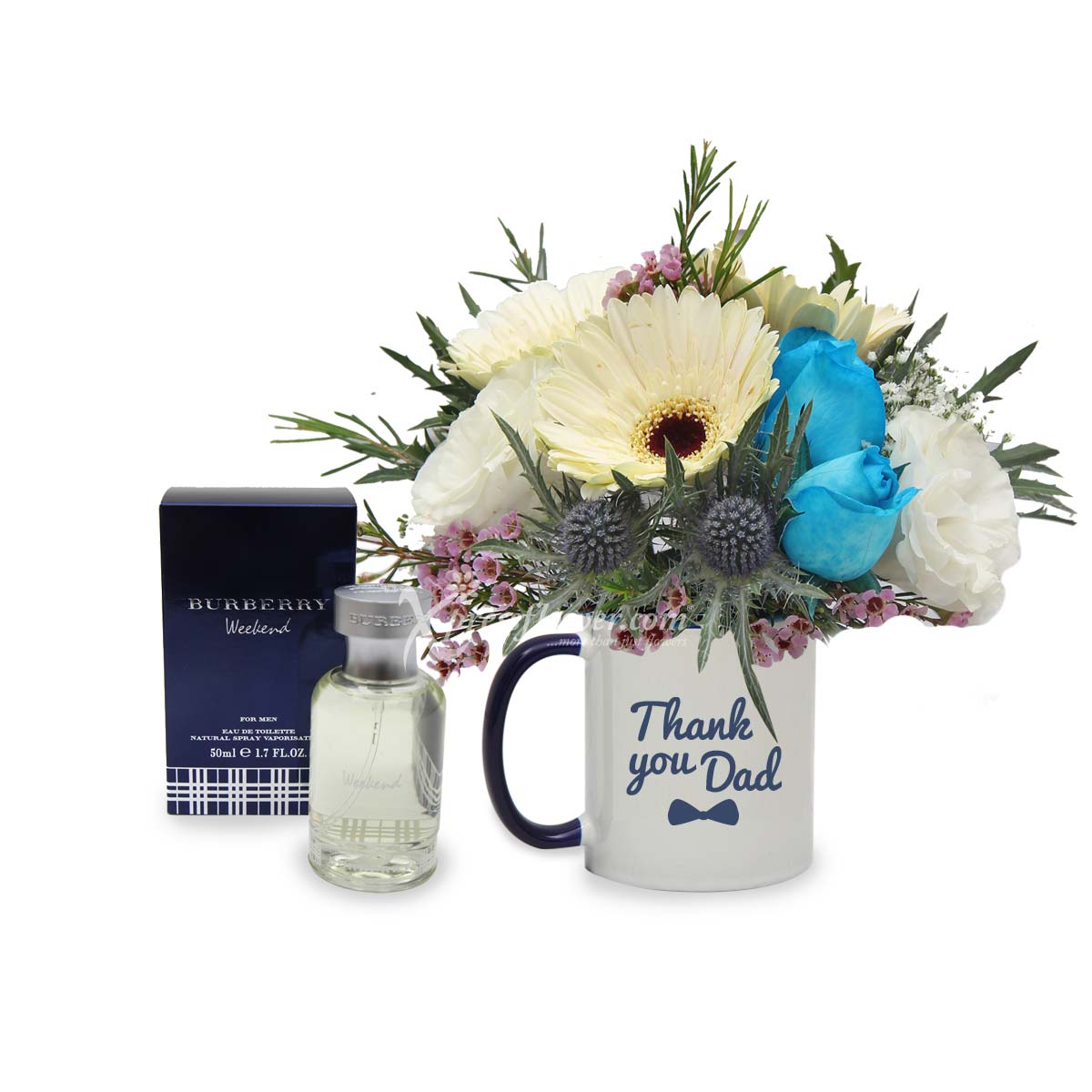 My First Hero (Blue Roses & White Gerberas with Burberry Perfume)