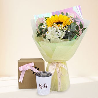 Sunny Keepsake (Sunflower with Personalised Name Cup)