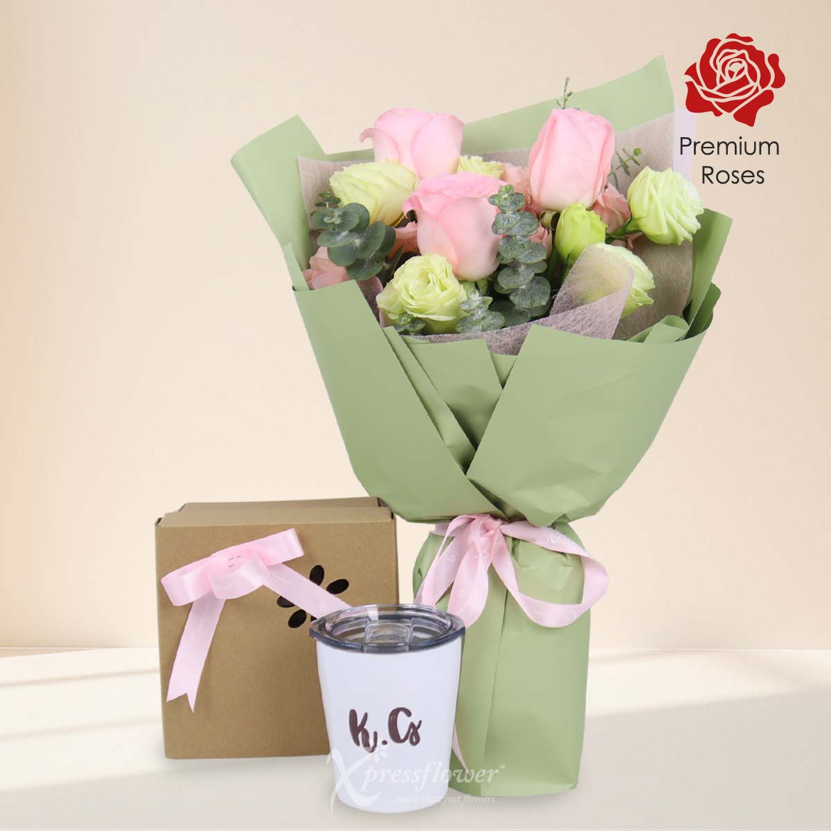 Soft Harmony (Pink Roses with Personalised Name Cup)