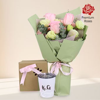 Soft Harmony (Pink Roses with Personalised Name Cup)