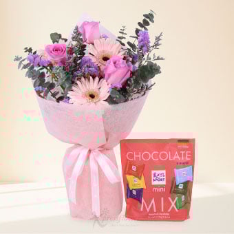 Gentle Indulgence (Pink Roses & 3 Pink Gerberas with Ritter Sport Mini Chocolate)