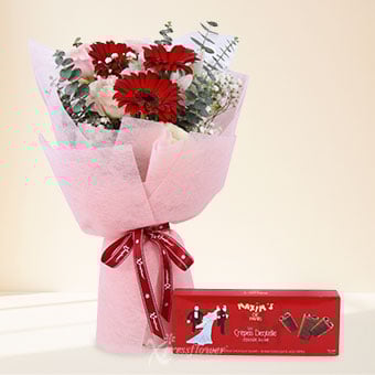 Floral Confections (3 Red Gerberas with Maxim's 18 Lace Crepes)