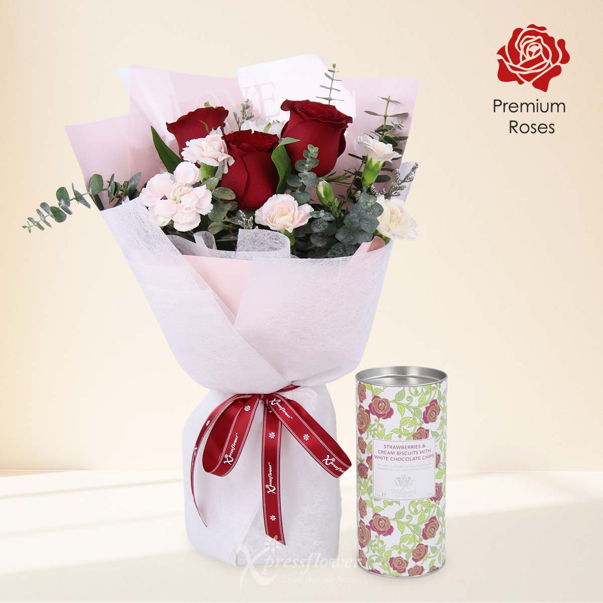 Gentle Pleasures (3 Red Roses with Strawberries & Cream Biscuits)