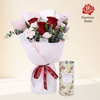 Gentle Pleasures (3 Red Roses with Strawberries & Cream Biscuits)