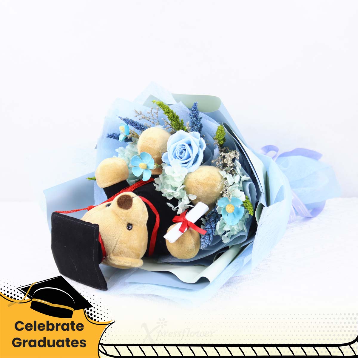 CT2505 Smary Bear Graduation Bear with Preserved Flowers Bouquet 1b