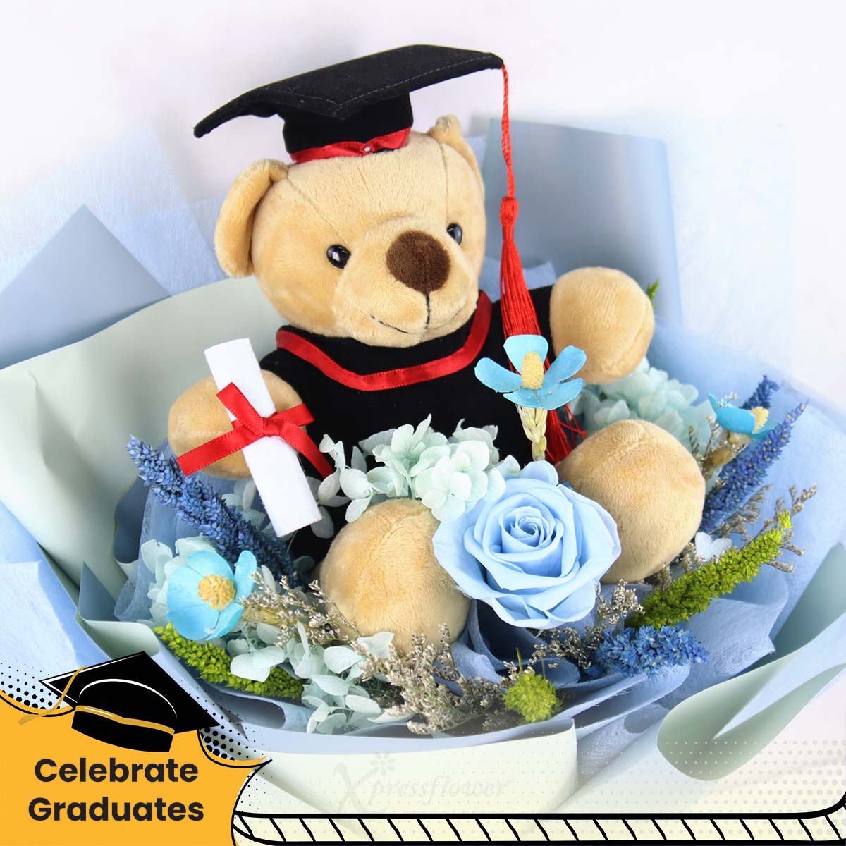 CT2505 Smary Bear Graduation Bear with Preserved Flowers Bouquet 1c