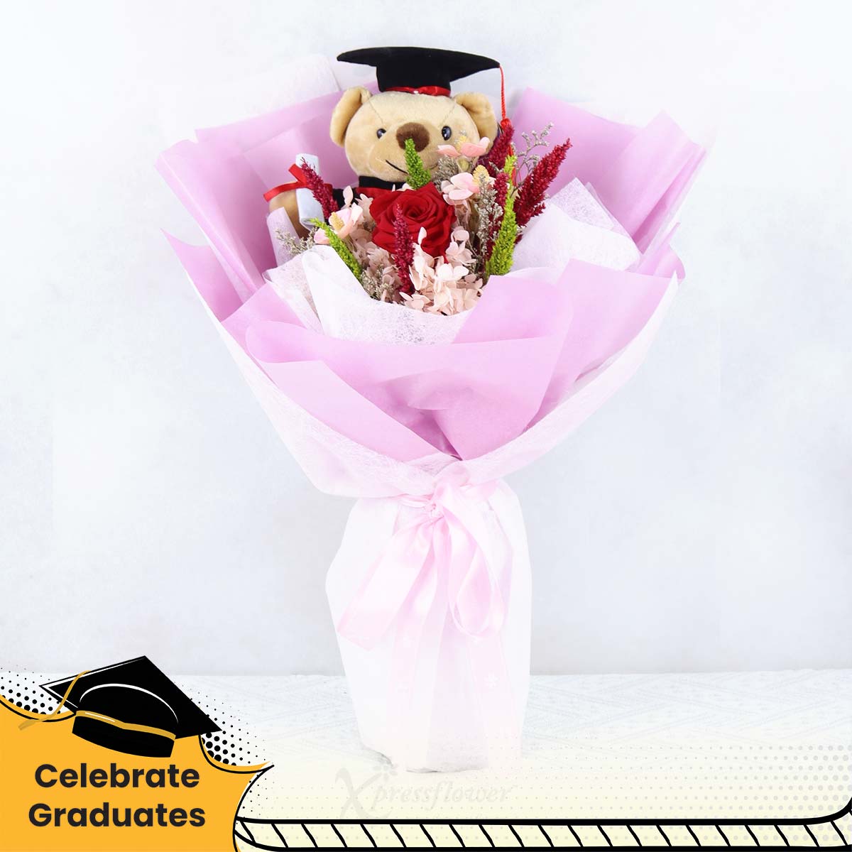 Rosy Cheer (Graduation Bear with Preserved Flowers Bouquet)