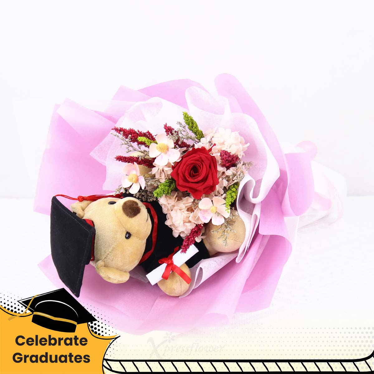 CT2506 Rosy Cheer Graduation Bear with Preserved Flowers Bouquet 1b