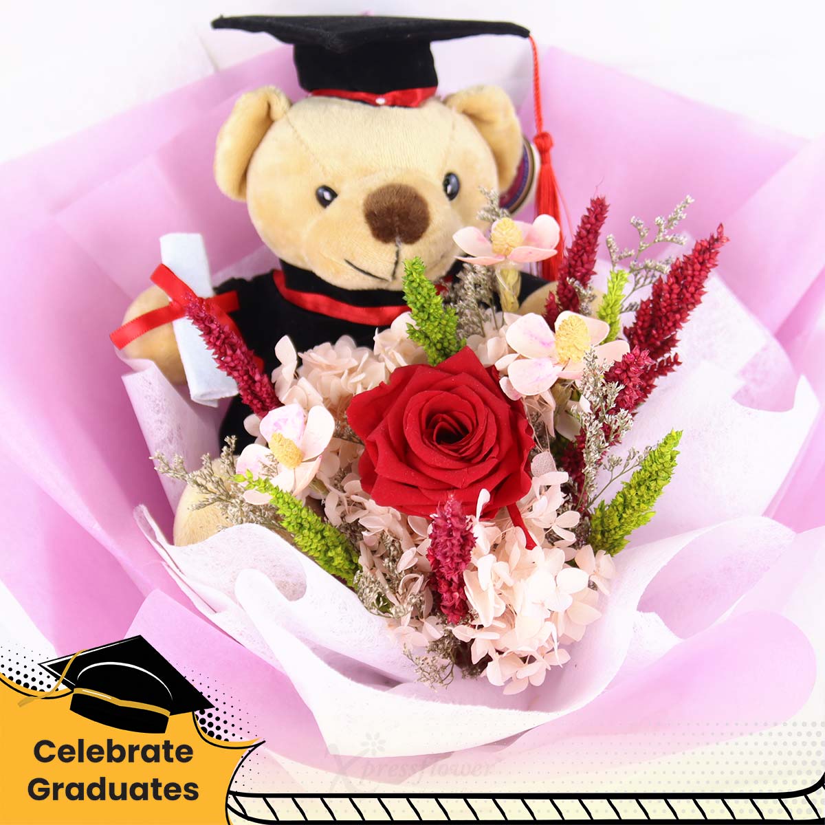 CT2506 Rosy Cheer Graduation Bear with Preserved Flowers Bouquet 1c