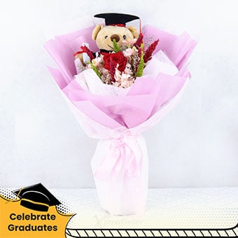 Rosy Cheer (Graduation Bear with Preserved Flowers Bouquet)