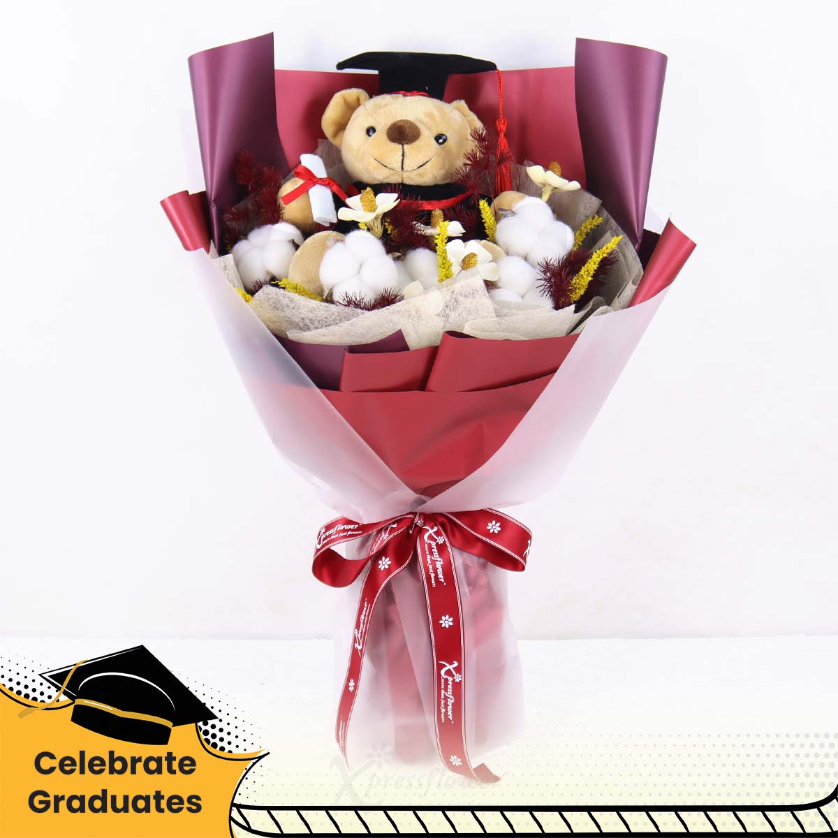 Maroon Magic (Graduation Bear with Preserved Flowers Bouquet)