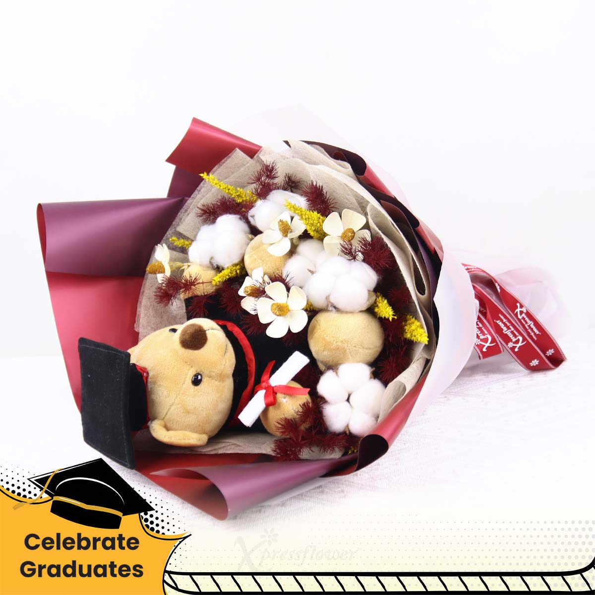 CT2507 Maroon Magic Graduation Bear with Preserved Flowers Bouquet 1b