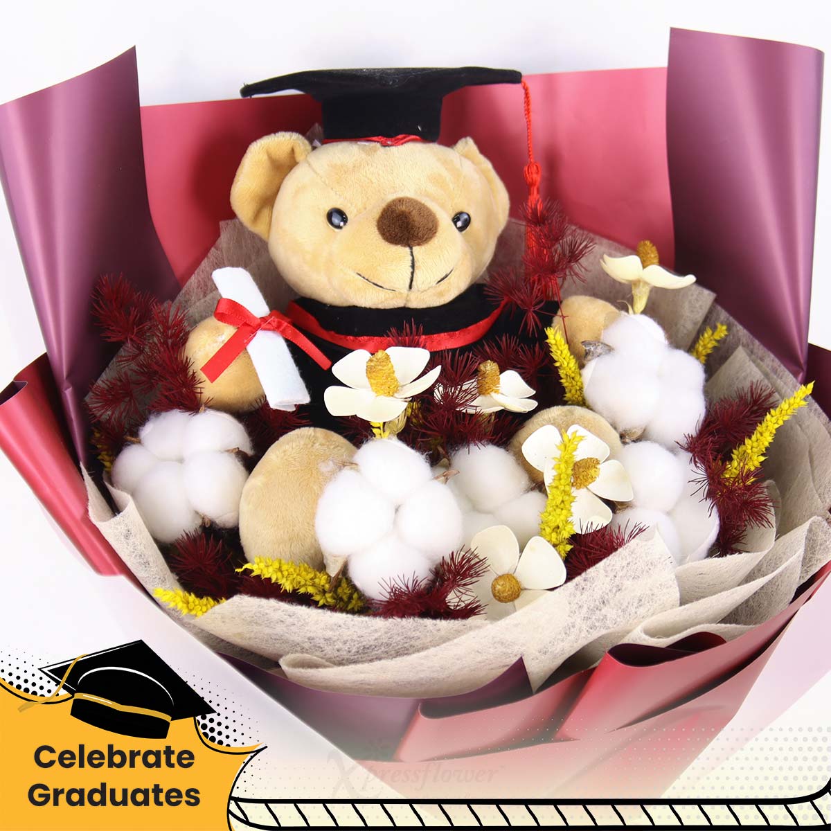 CT2507 Maroon Magic Graduation Bear with Preserved Flowers Bouquet 1c