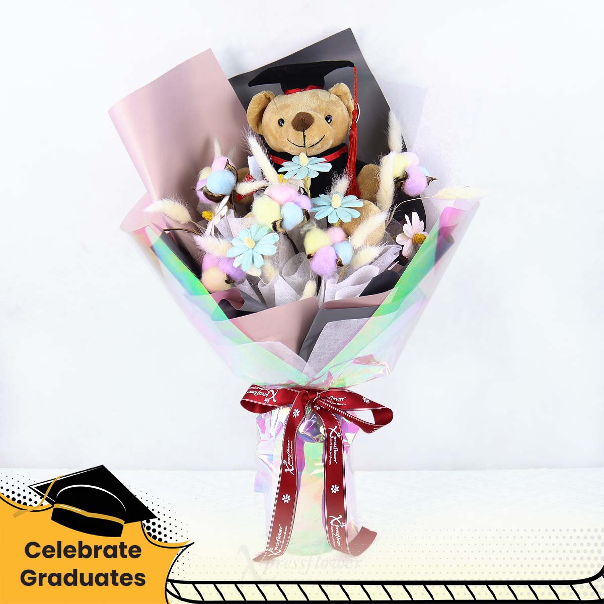 Pastel Parade (Graduation Bear with Preserved Flowers Bouquet)