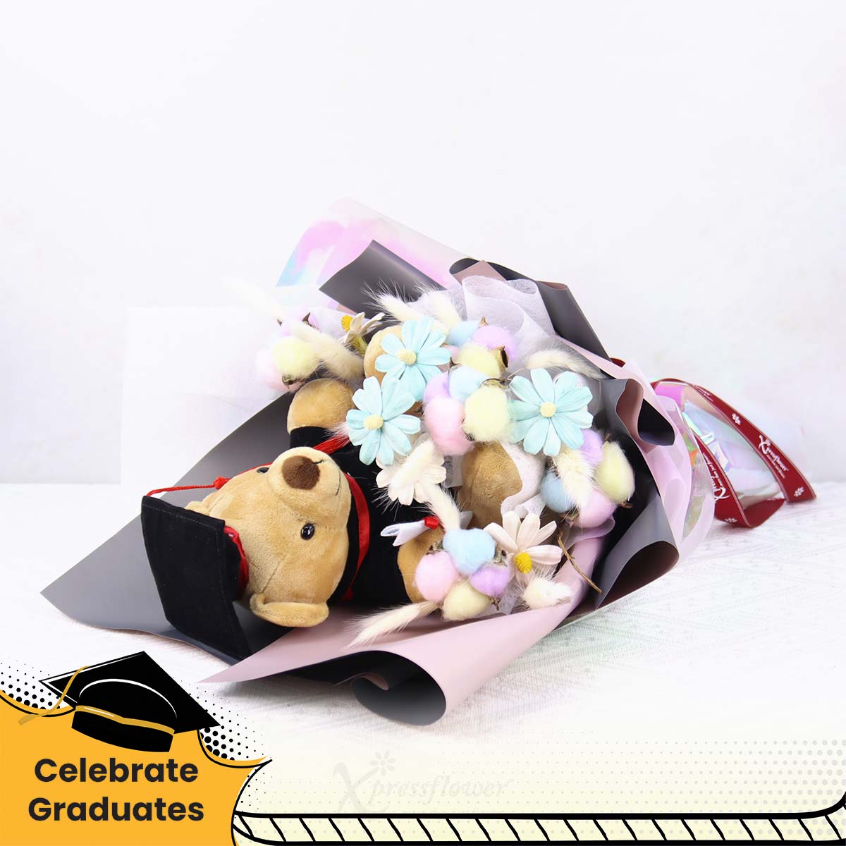CT2508 Pastel Parade Graduation Bear with Preserved Flowers Bouquet 1b