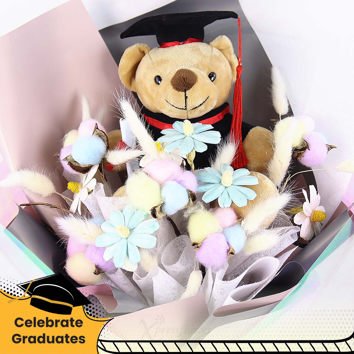 CT2508 Pastel Parade Graduation Bear with Preserved Flowers Bouquet 1c