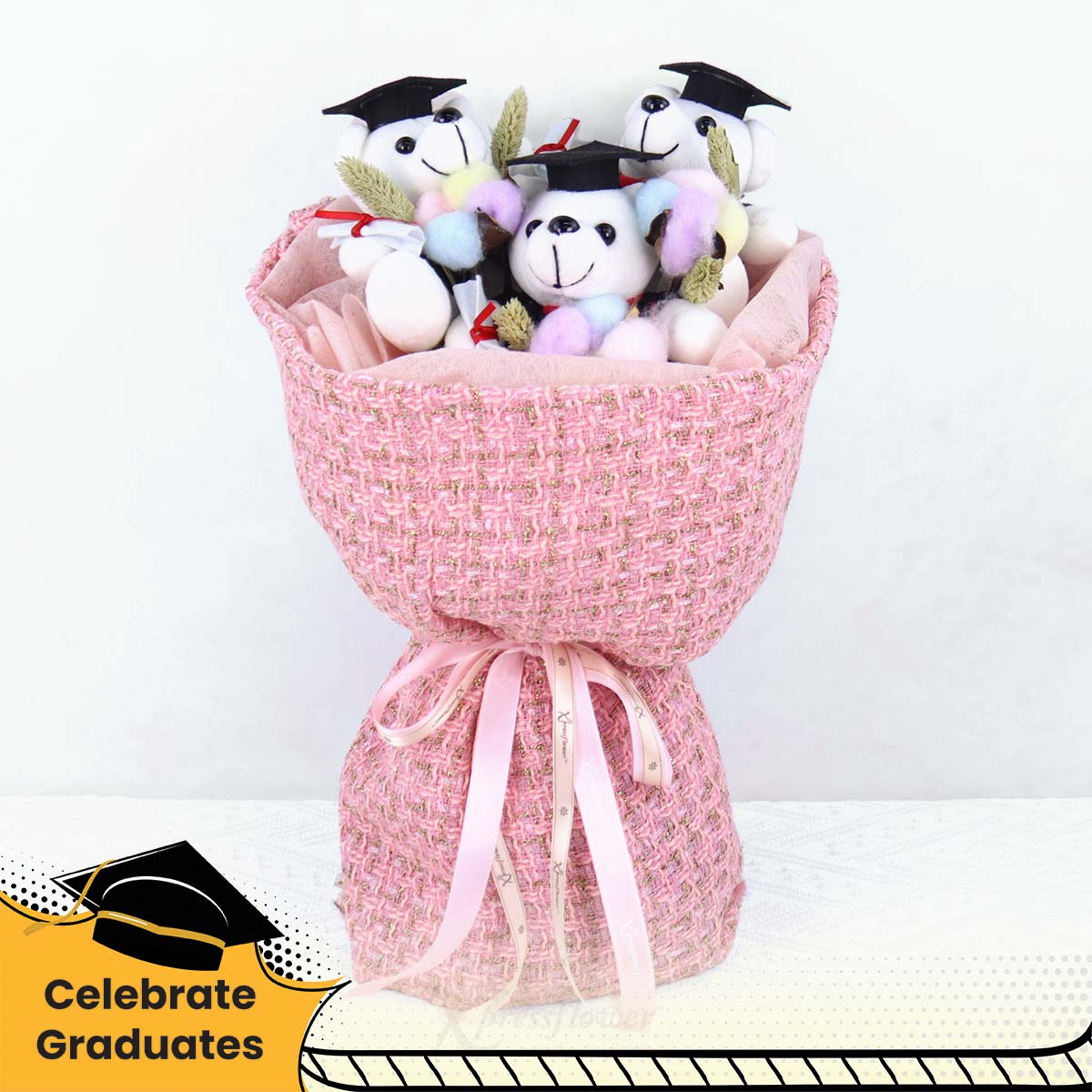 Tweed Trio (3 Graduation Bears with Preserved Flowers Bouquet)