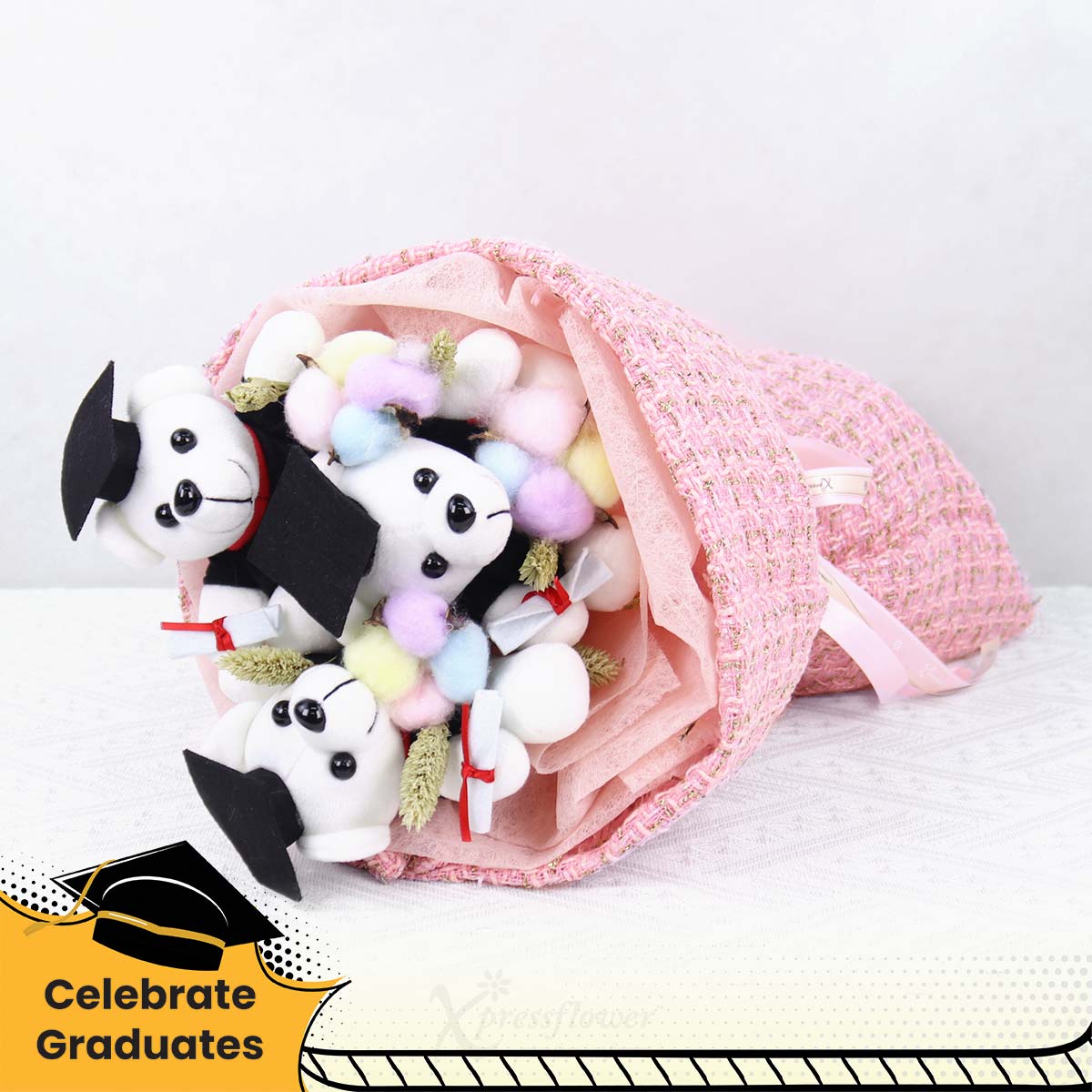 CT2509 Tweed Trio 3 Graduation Bears with Preserved Flowers Bouquet 1b