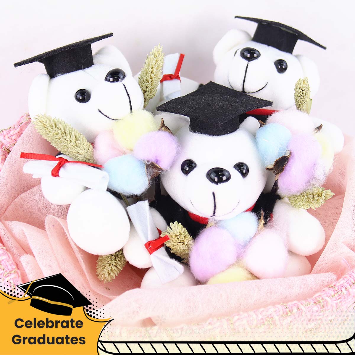CT2509 Tweed Trio 3 Graduation Bears with Preserved Flowers Bouquet 1c