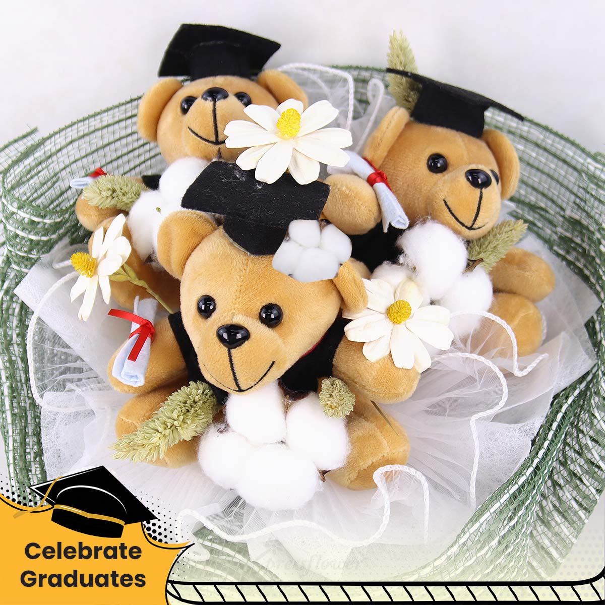 CT2511 Squad Goals 3 Graduation Bears with Preserved Flowers Bouquet 1c
