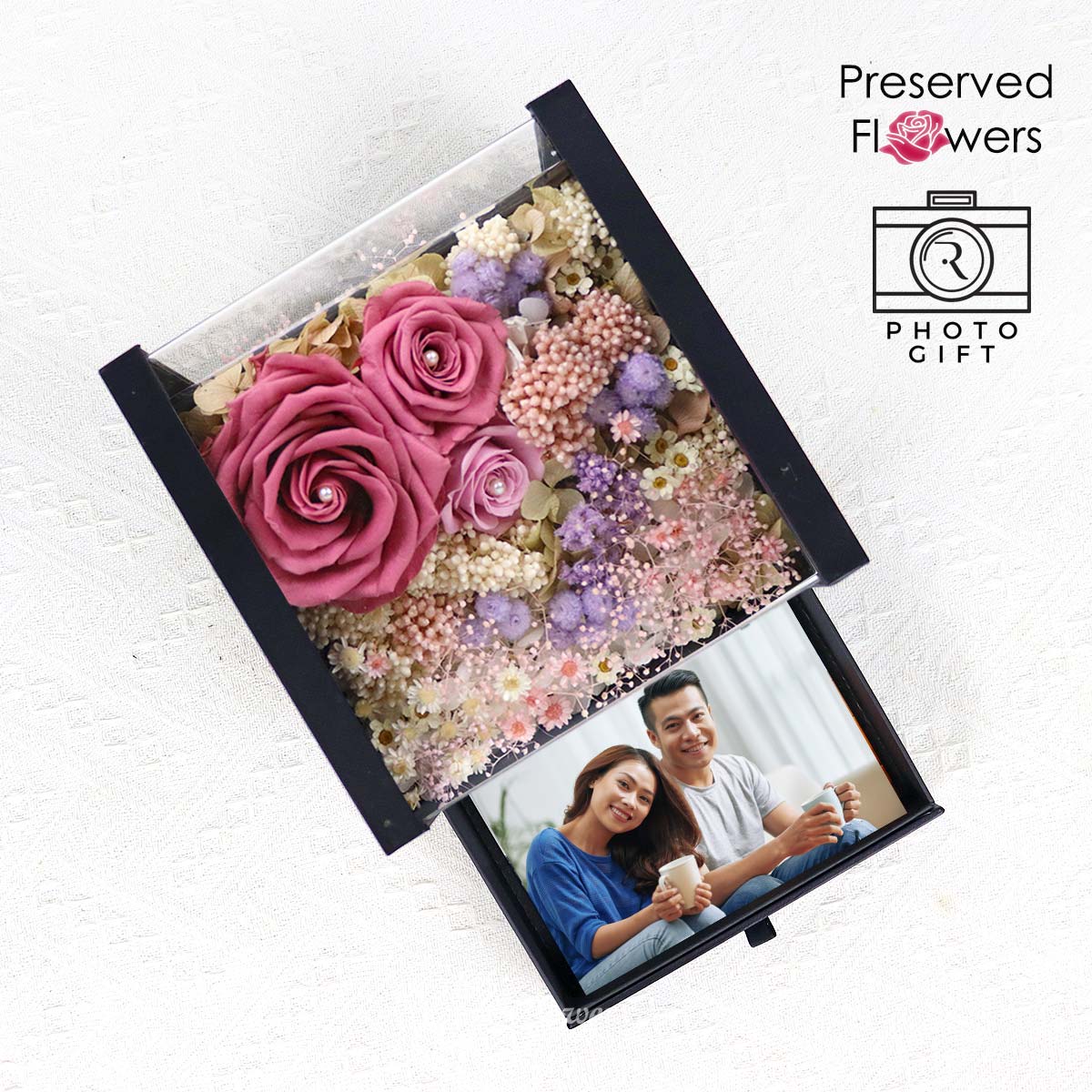 Roze Temptation (Preserved Flowers with Personalised Photo)