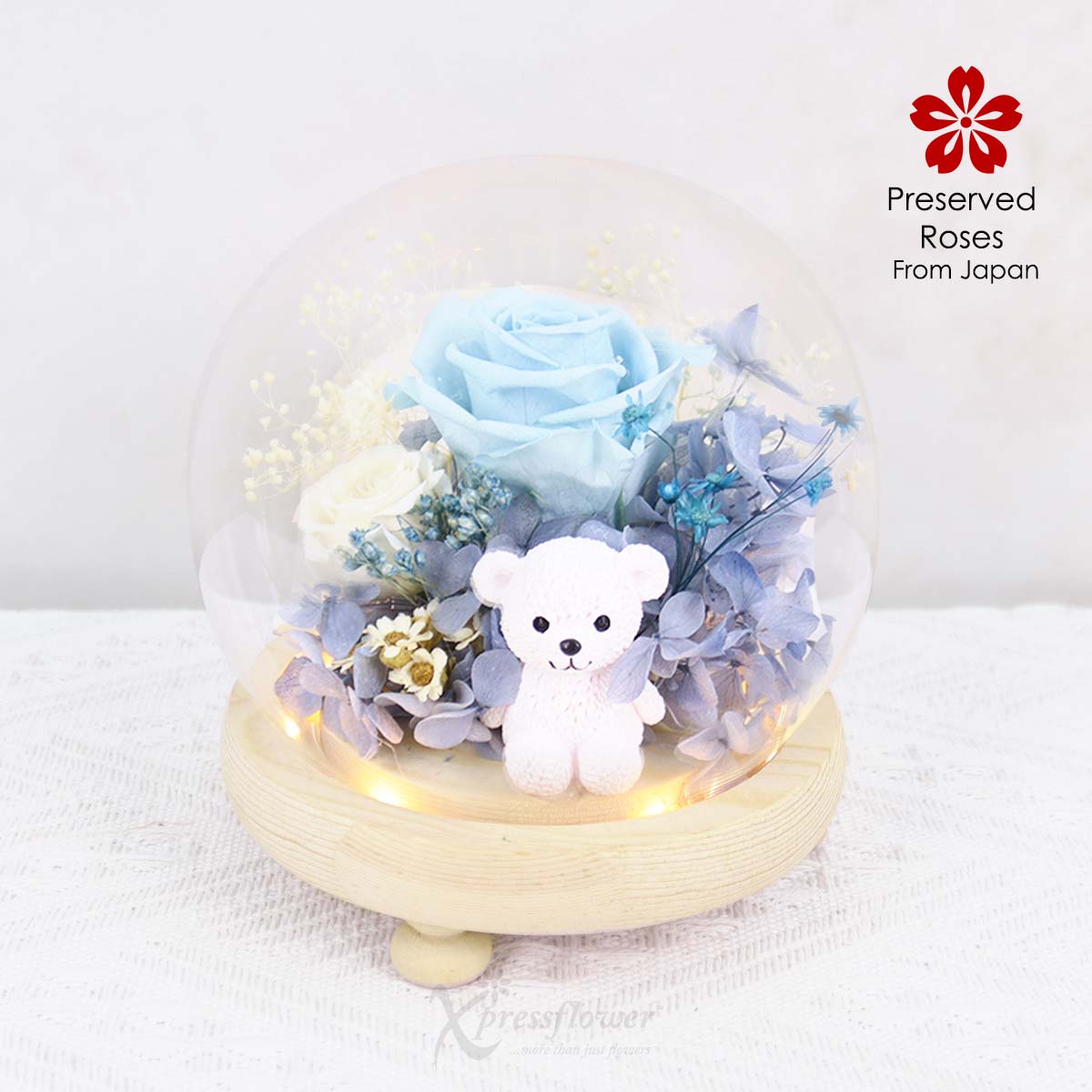Cutesy Hug (Preserved Light Blue Rose with Bear Figurine)