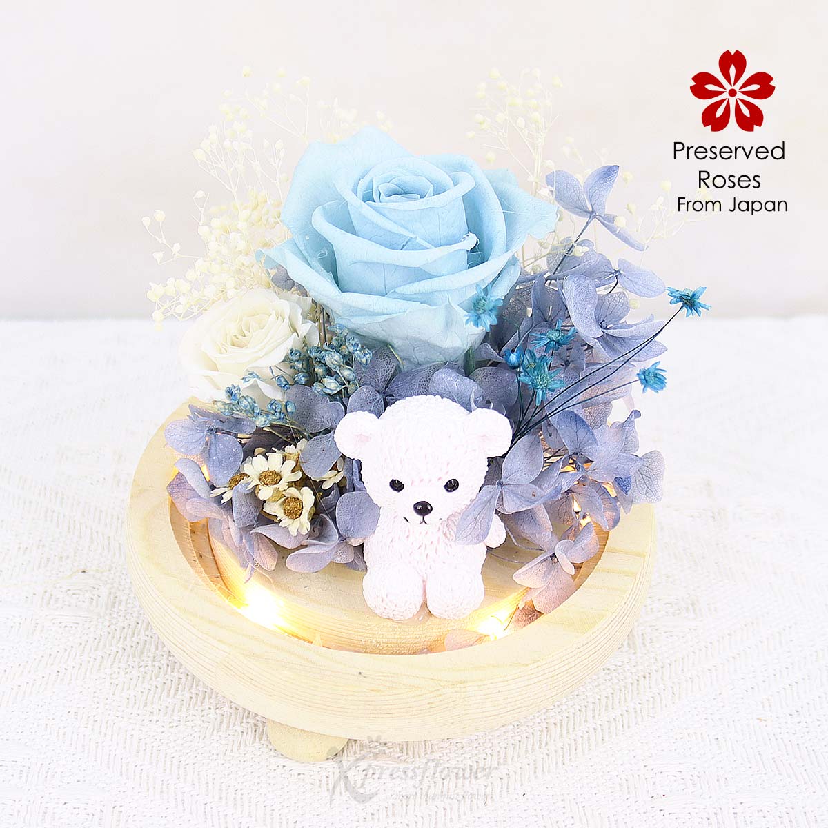 PR2504 Cutesy Hug Preserved Light Blue Rose with Bear Figurine 1b