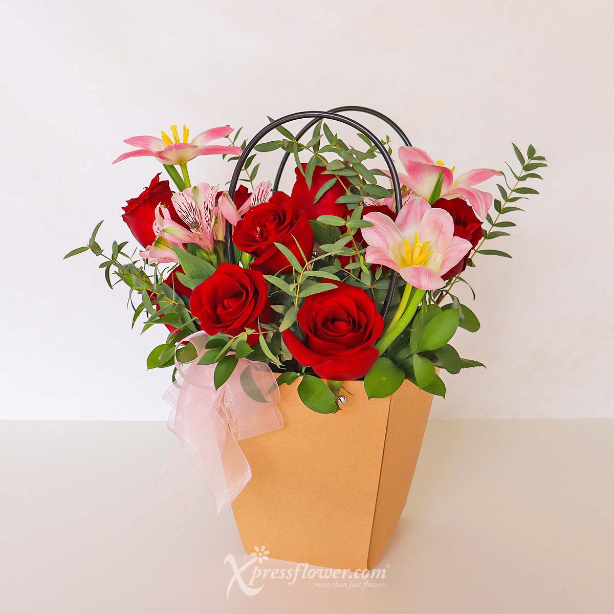 Passion Blooms (12 Red Roses & 3 Pink Tulips)