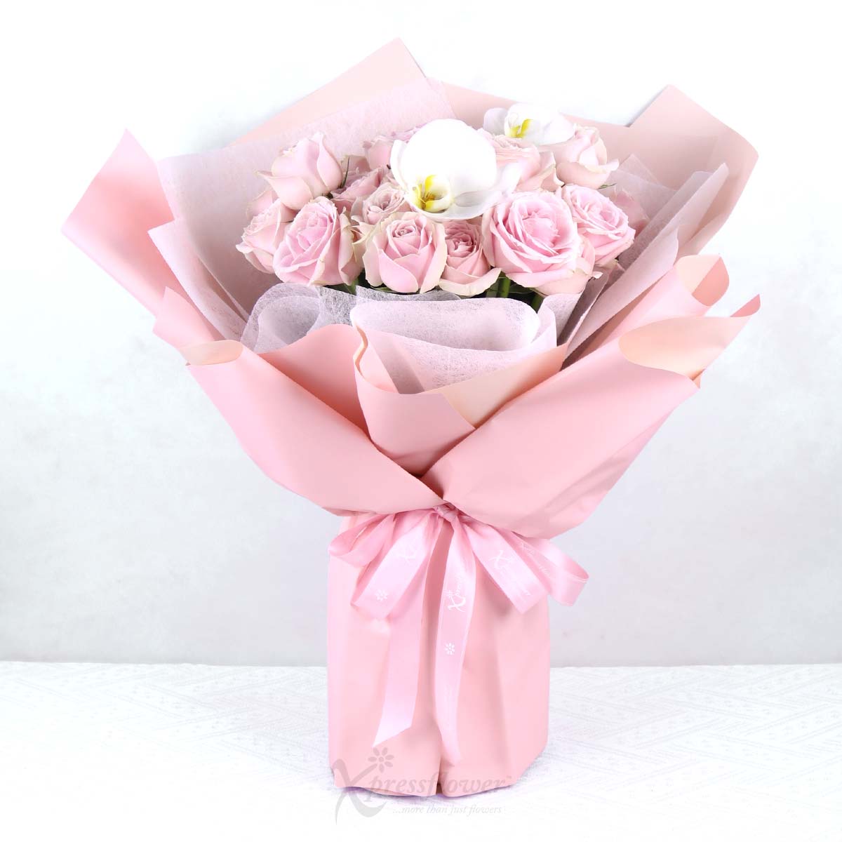 Blush Elegance (33 Pink Roses with 2 White Orchids)