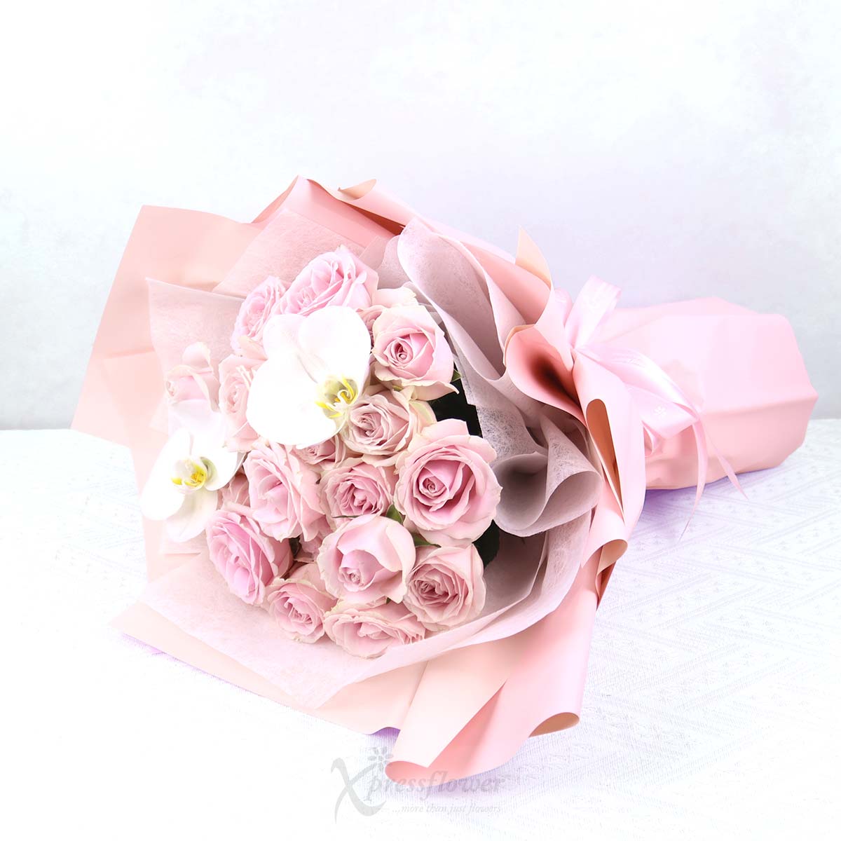 Blush Elegance 33 Pink Roses with 2 White Orchids 1b
