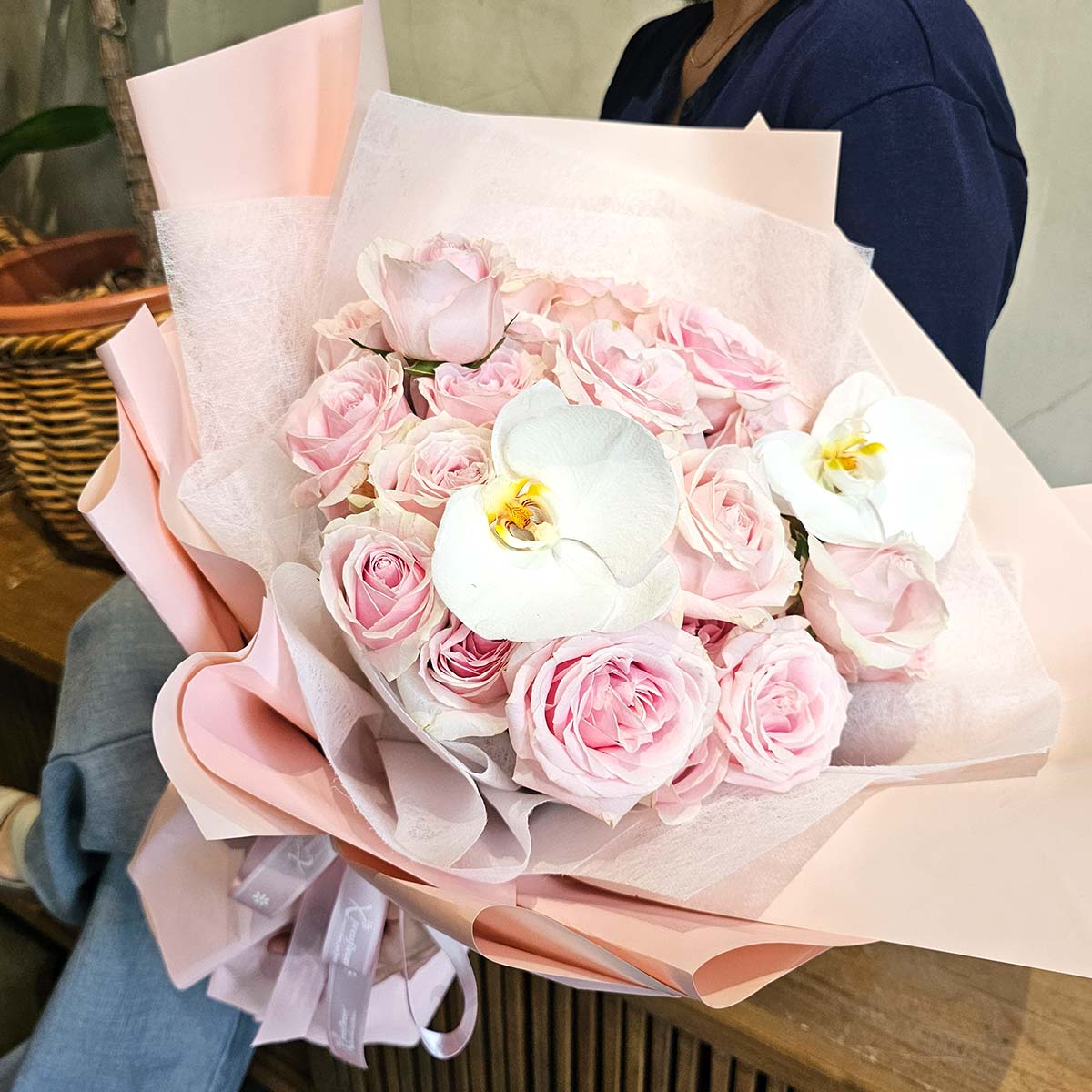 Blush Elegance 33 Pink Roses with 2 White Orchids 3a