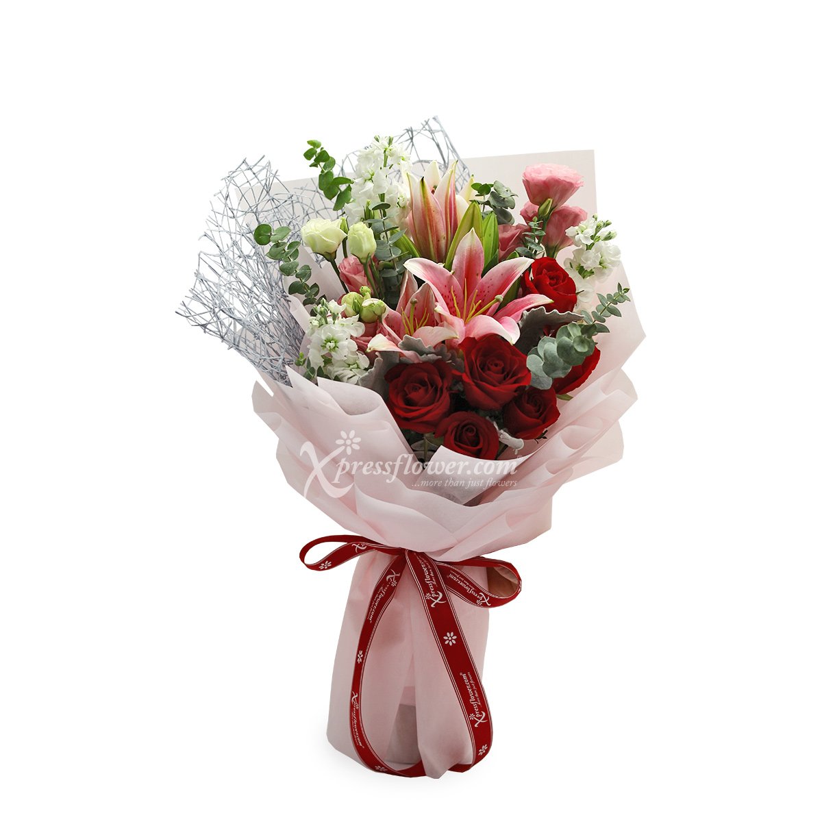 Devoted To You (6 Red Roses with Pink Lily Sprays)