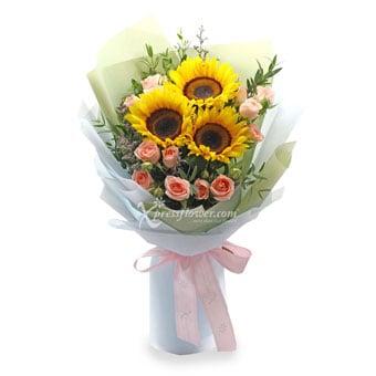 Sunshine Buttercup (3 Sunflowers with Pink Rose Sprays)