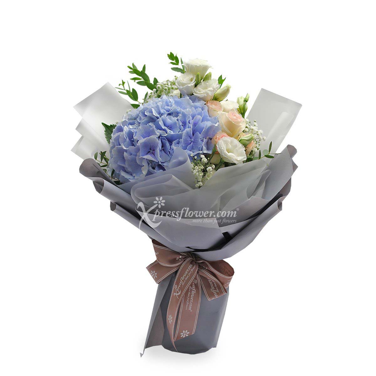 Lively Heart (1 Light Blue Hydrangea & 6 Pink Roses)
