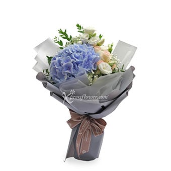 Lively Heart (1 Light Blue Hydrangea & 6 Pink Roses)