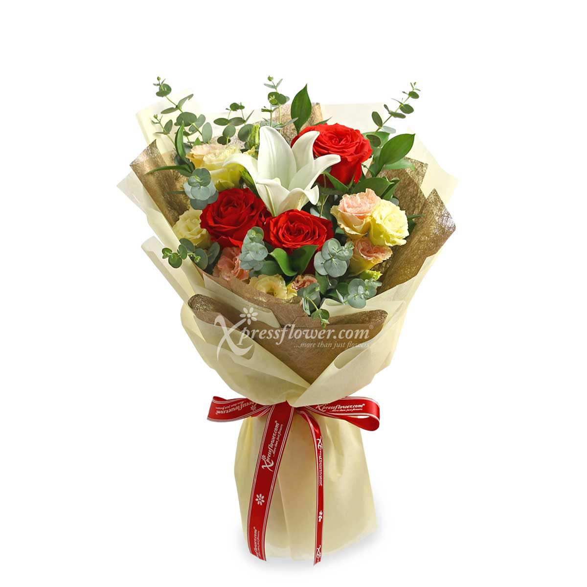 Luxy Charm (1 White Lily & 3 Red Roses)