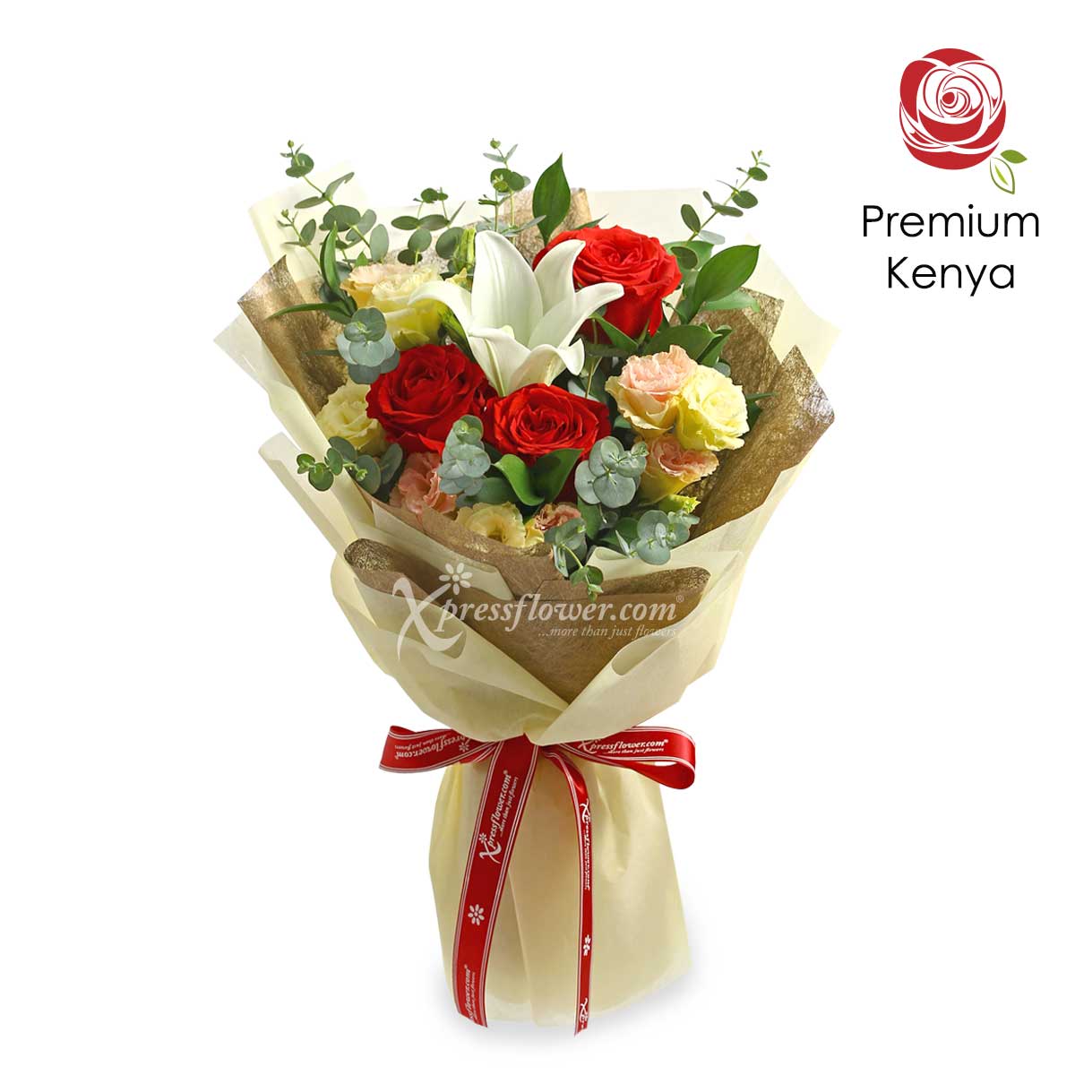 Luxy Charm (1 White Lily & 3 Red Roses)