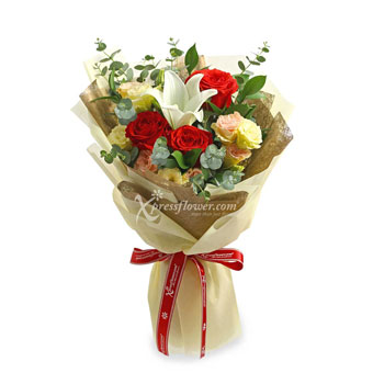 Luxy Charm (1 White Lily & 3 Red Roses)