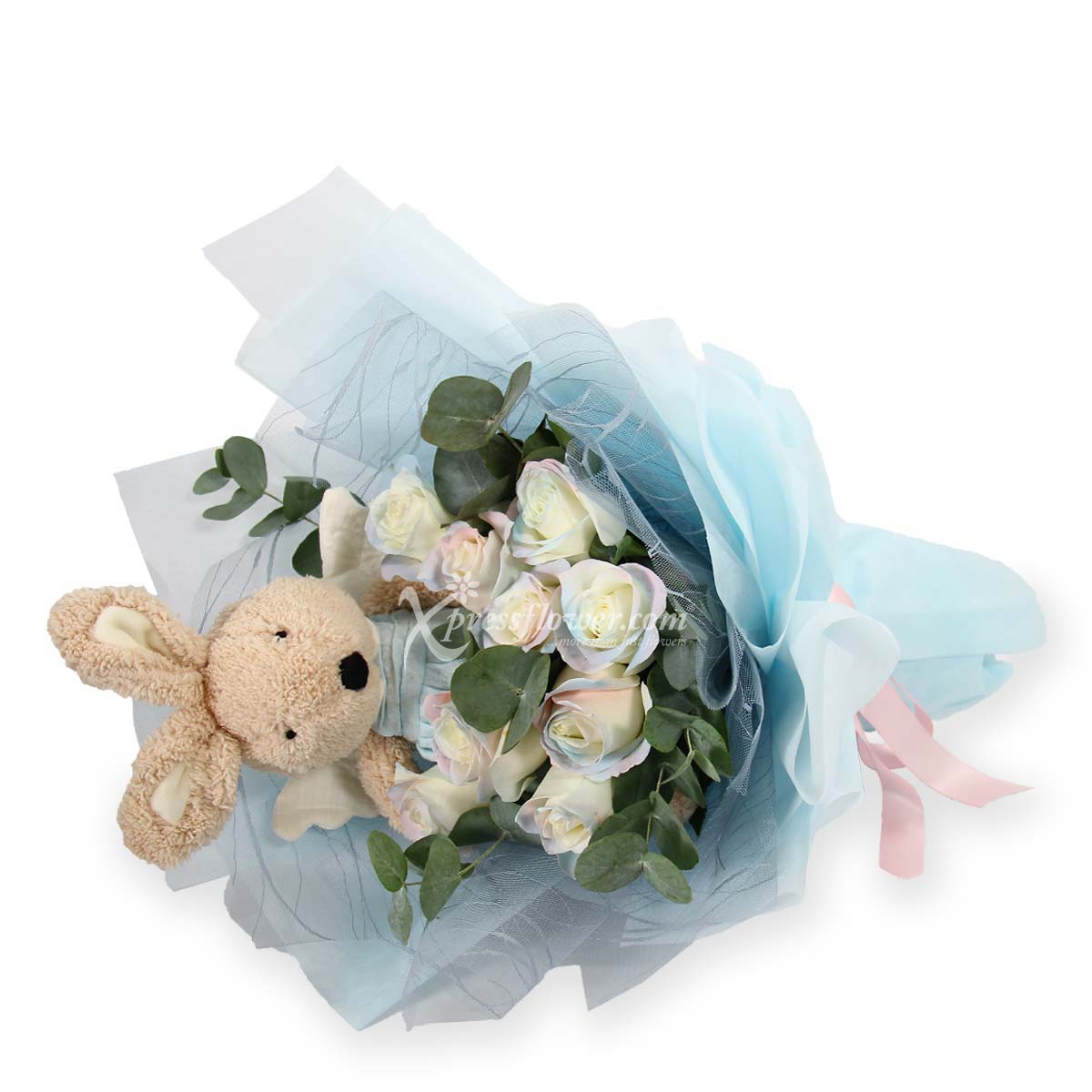 bq2117 Lovely Innocence 9 White Roses with Bunny Toy 1b
