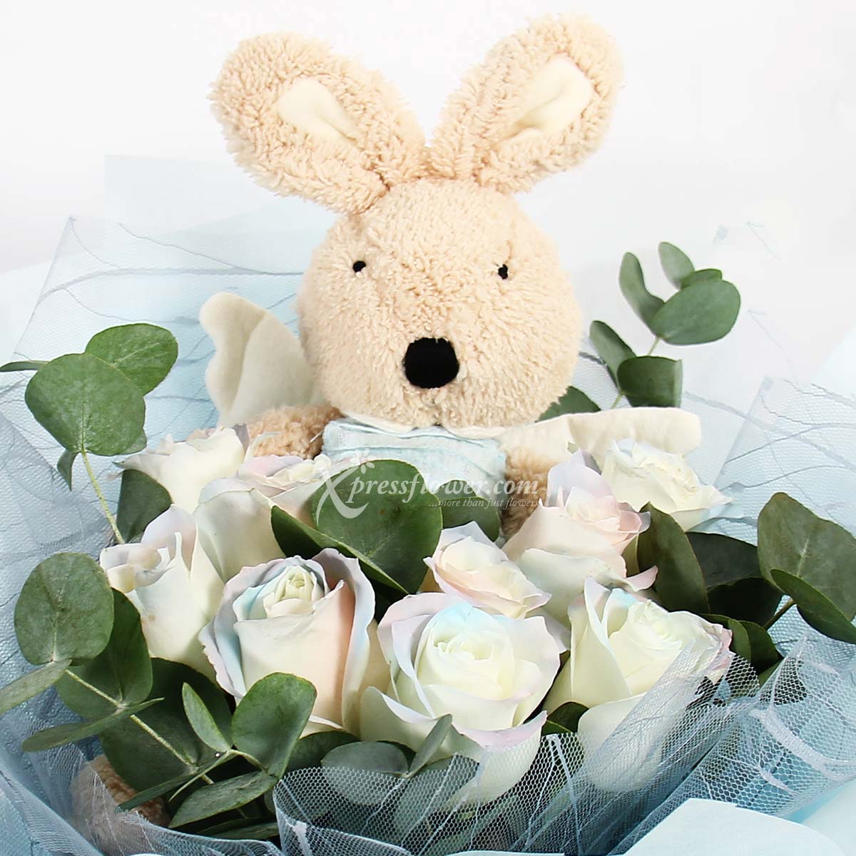 bq2117 Lovely Innocence 9 White Roses with Bunny Toy 1c