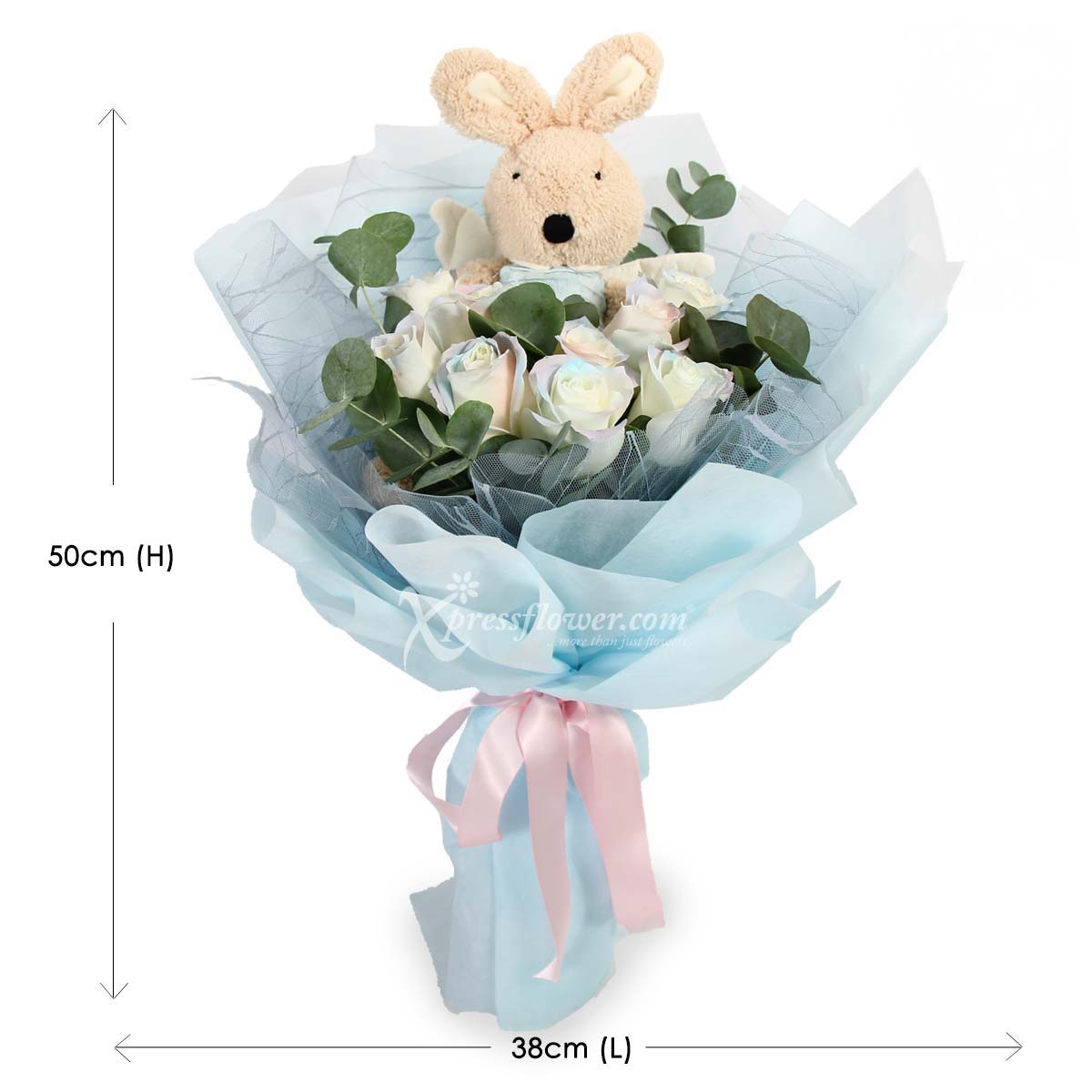 bq2117 Lovely Innocence 9 White Roses with Bunny Toy 1d