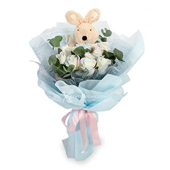 Lovely Innocence (9 White Roses with Bunny Toy)