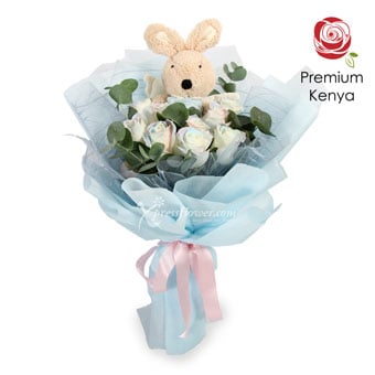 Lovely Innocence (9 White Roses with Bunny Toy)