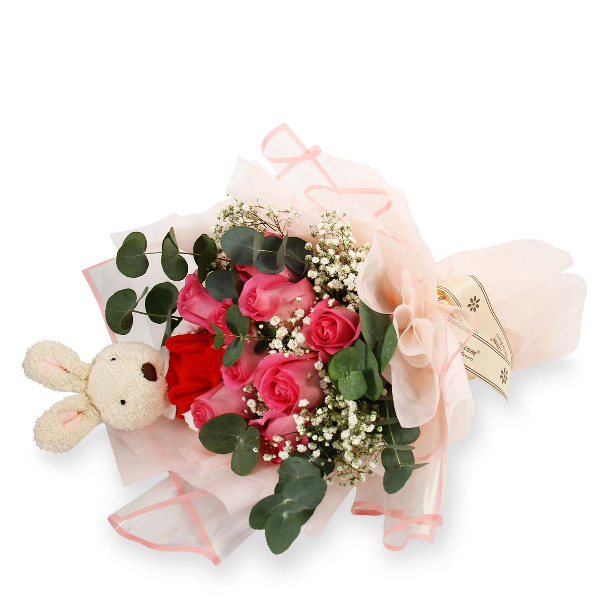 bq2118 Bopping Pinky 9 Dark-Pink Roses with Bunny Toy 1b