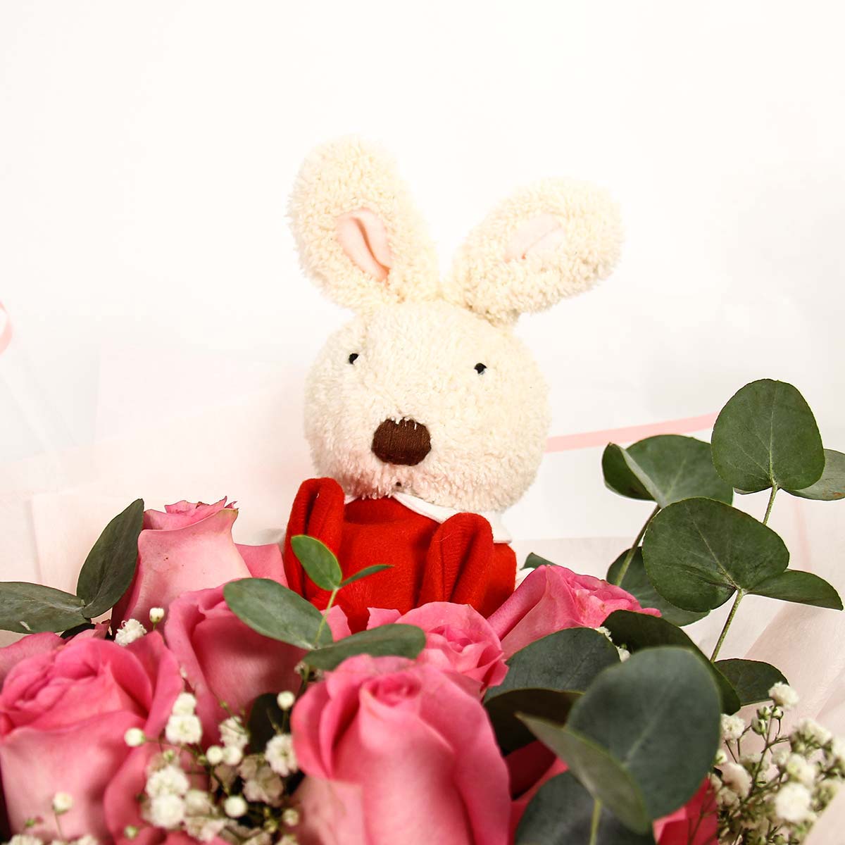 bq2118 Bopping Pinky 9 Dark-Pink Roses with Bunny Toy 1c