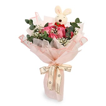 Bopping Pinky (9 Dark Pink Roses with Bunny Toy)