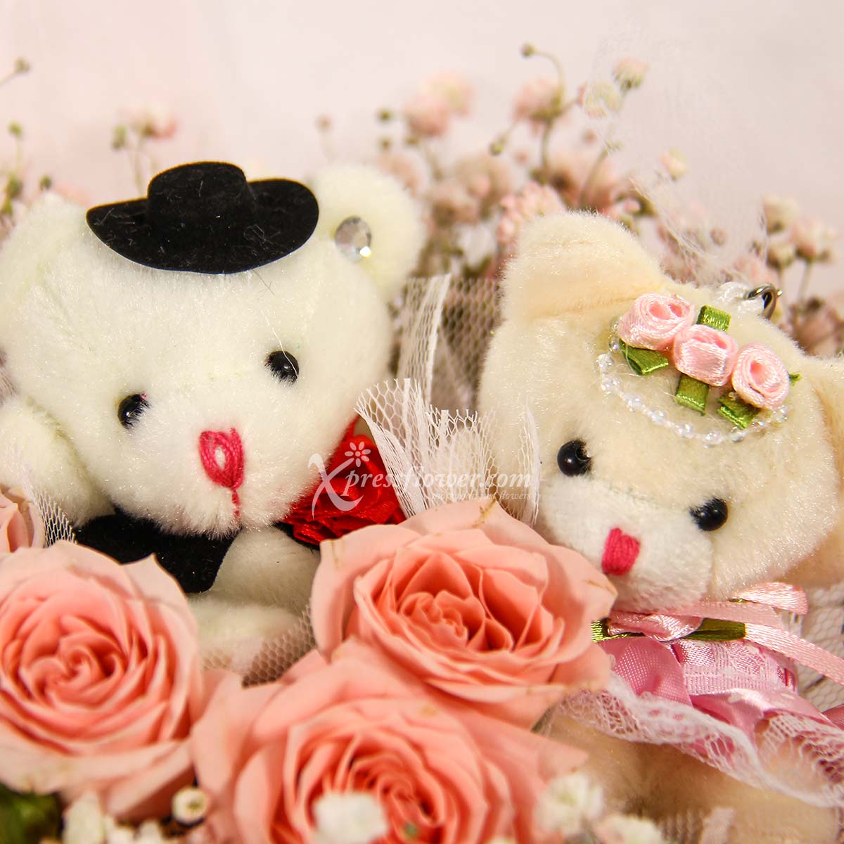 BQ2119 Beary Sweet Love Rose Spray Wedding Bears 1c
