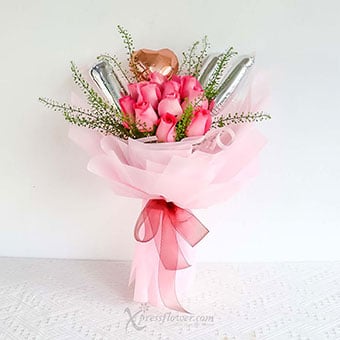 Blooms Boudoir (12 Dark Pink Roses with “I Heart U” Foil Balloon)