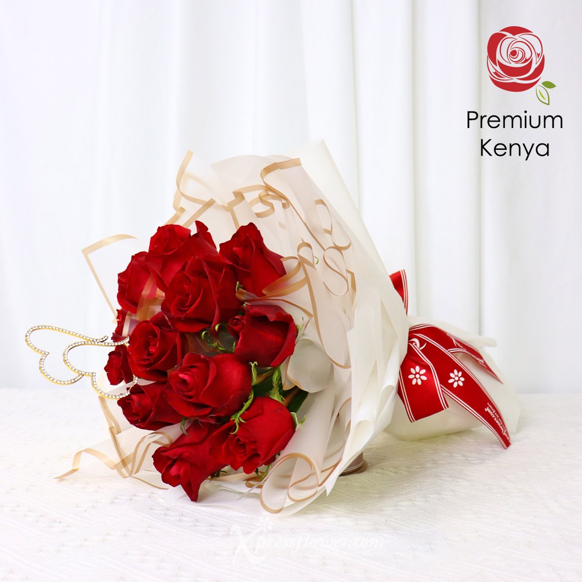 BQ2302 Stunning Crimson (12 Red Roses with Dual Heart Decor) 1c