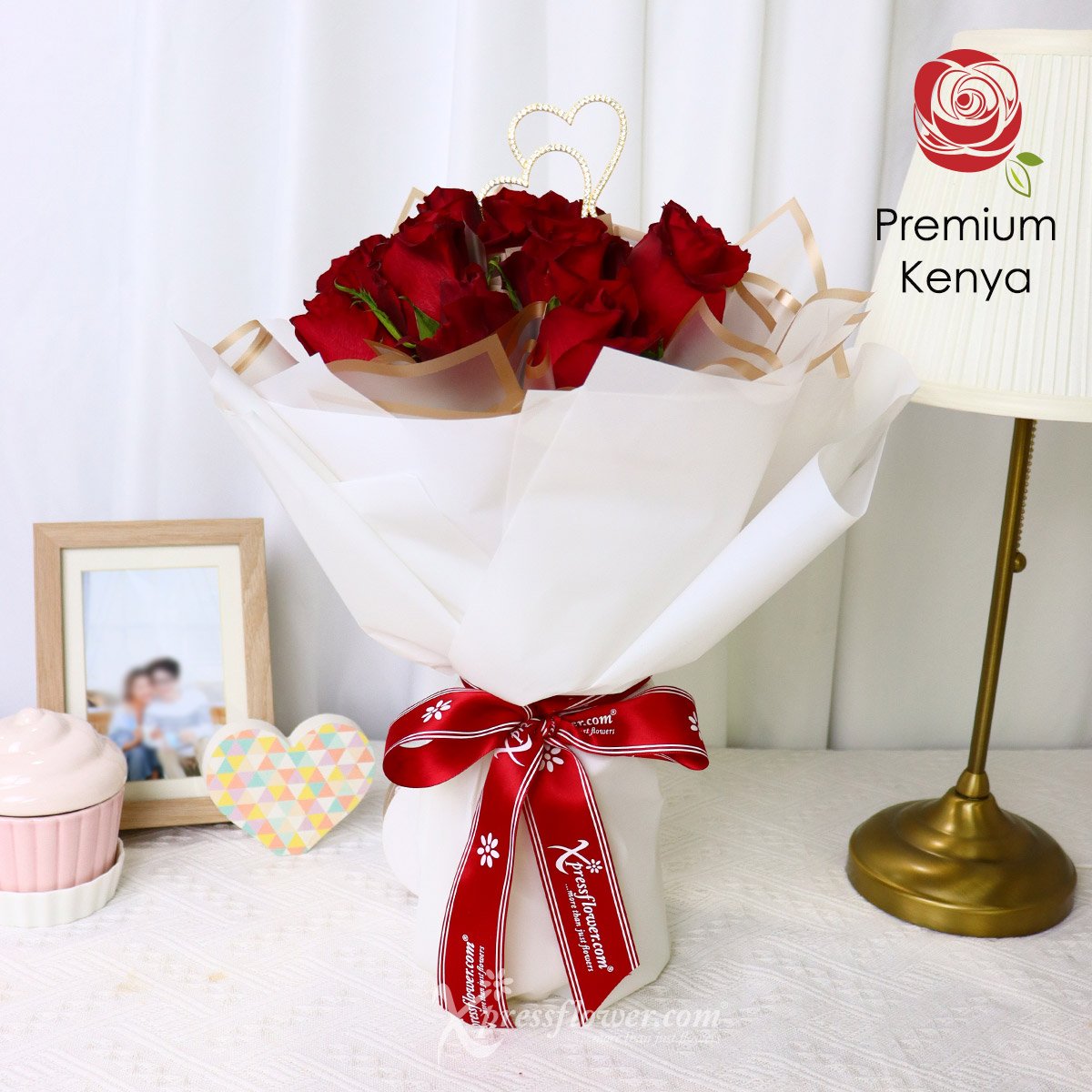 BQ2302 Stunning Crimson 12 Red Roses with Dual Heart Decor 3a